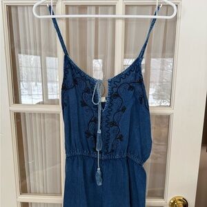 Blue Embroidered Spaghetti Strap Romper